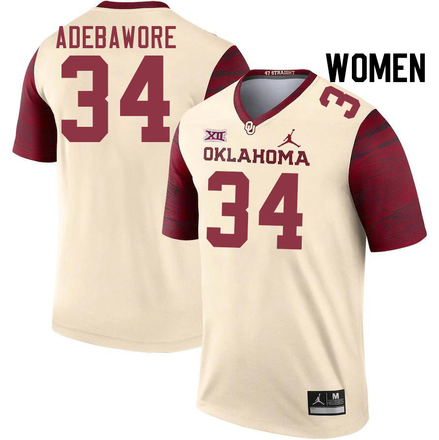 Women #34 Adepoju Adebawore Oklahoma Sooners College Football Jerseys Stitched-Cream